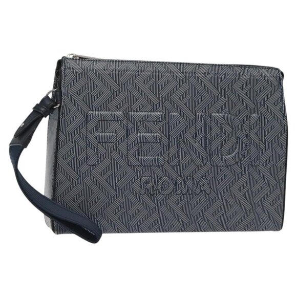 FENDI Shadow Clutch Bag Leather Navy Silver 7VA564 AP1B F1L7Q Auth mr1344 - Picture 1 of 16